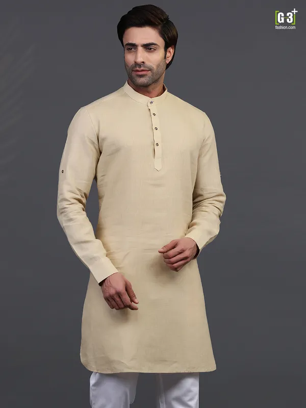 Beige linen full sleeves kurta