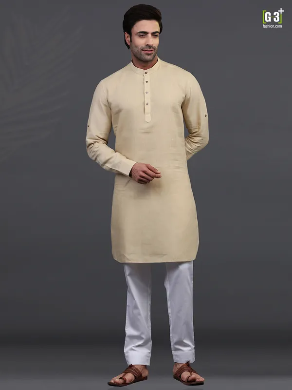 Beige linen full sleeeves  Men Kurta pajama