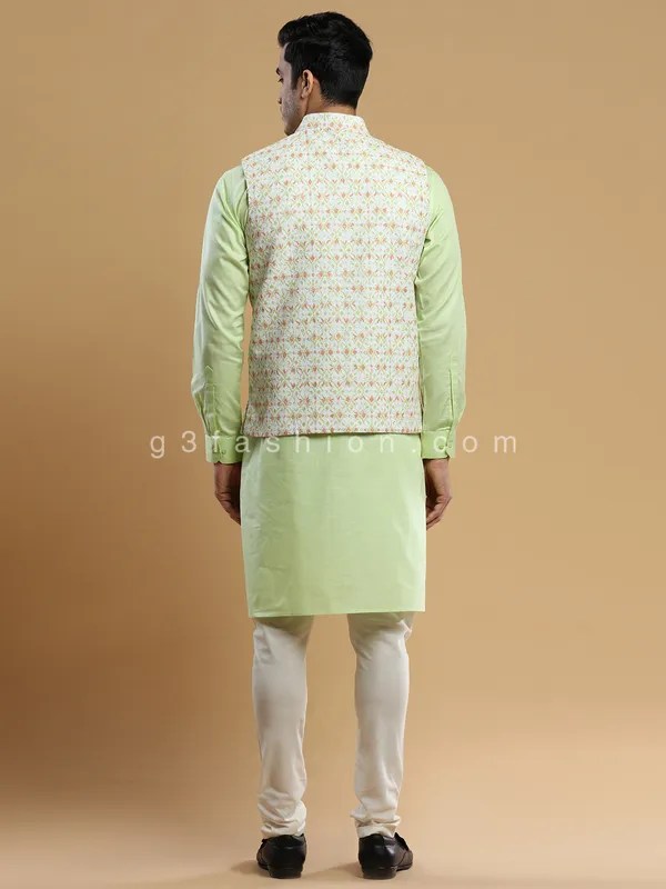 Pista green and cream silk festive waistcoat set