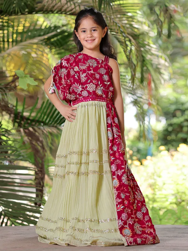 Pista green and magenta georgette wedding wear gown