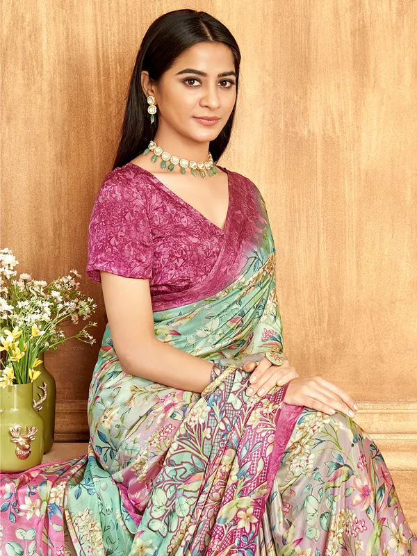 Pista green and pink crepe saree for women