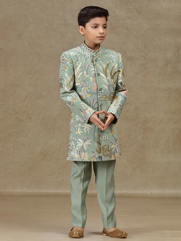 Pista green boys indowestern in silk