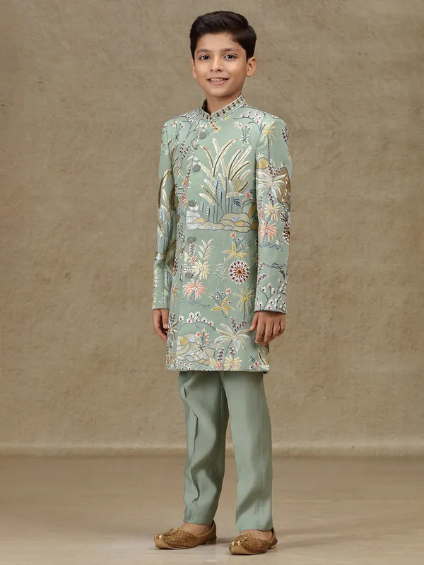 Pista green boys indowestern in silk