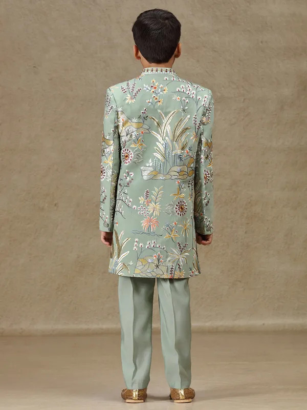 Pista green boys indowestern in silk