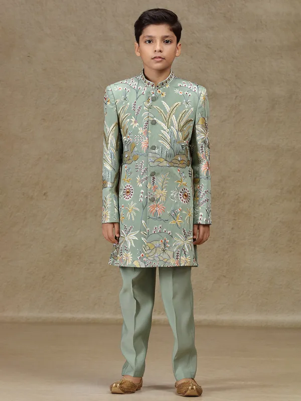 Pista green boys indowestern in silk