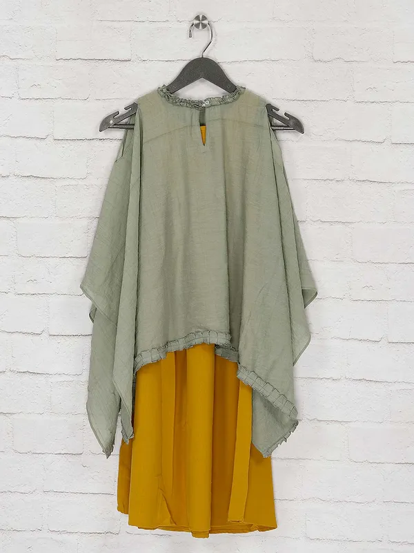 Pista green cape top and yellow hue kurti dress