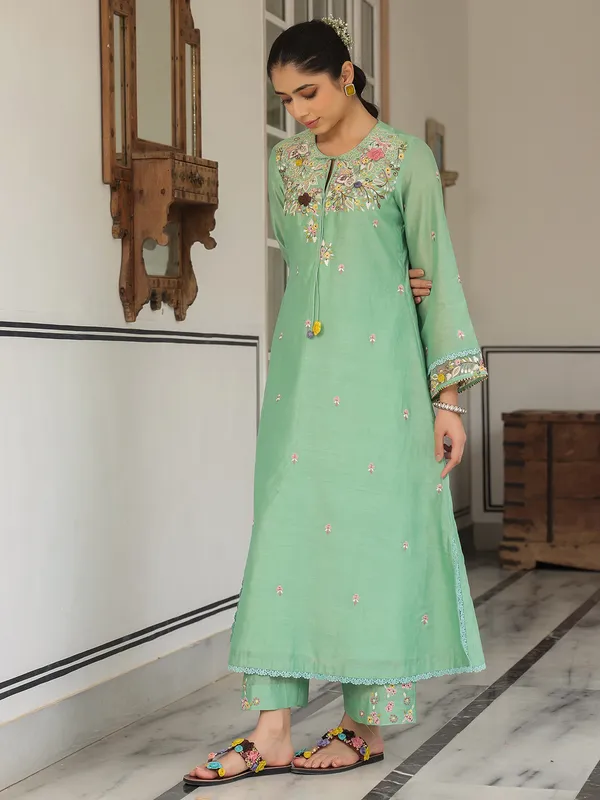 Pista green chanderi silk kurti set for festival