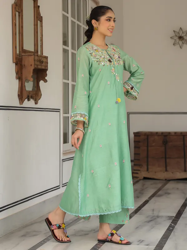 Pista green chanderi silk kurti set for festival