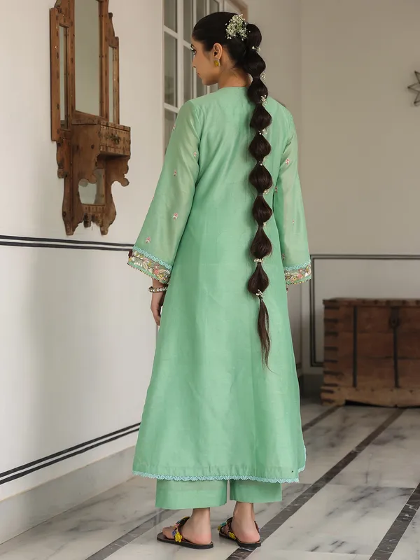 Pista green chanderi silk kurti set for festival