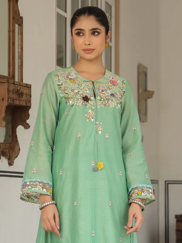Pista green chanderi silk kurti set for festival