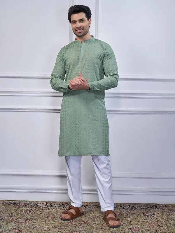 Pista green cotton embroidery kurta suit for men