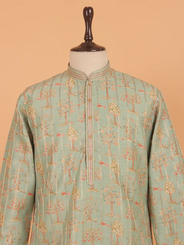 Pista green cotton festive kurta set for men