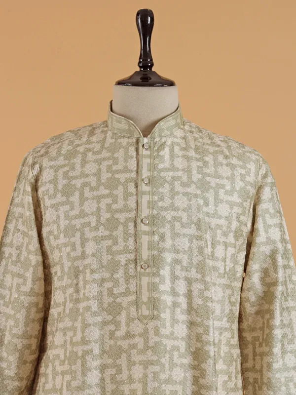 Pista green cotton festive wear kurta set for men