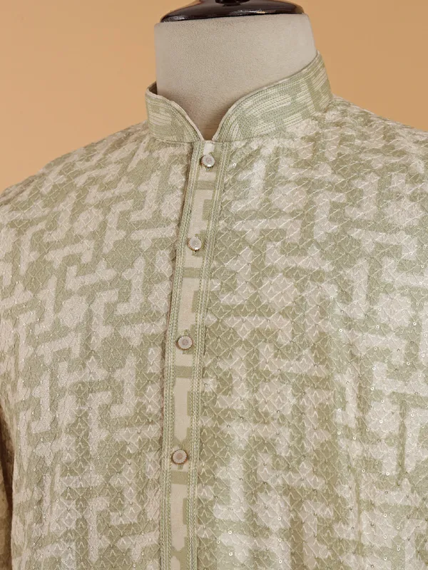 Pista green cotton festive wear kurta set for men