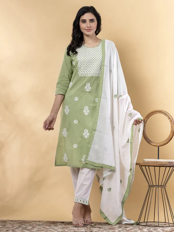 Pista green cotton kurti set for women