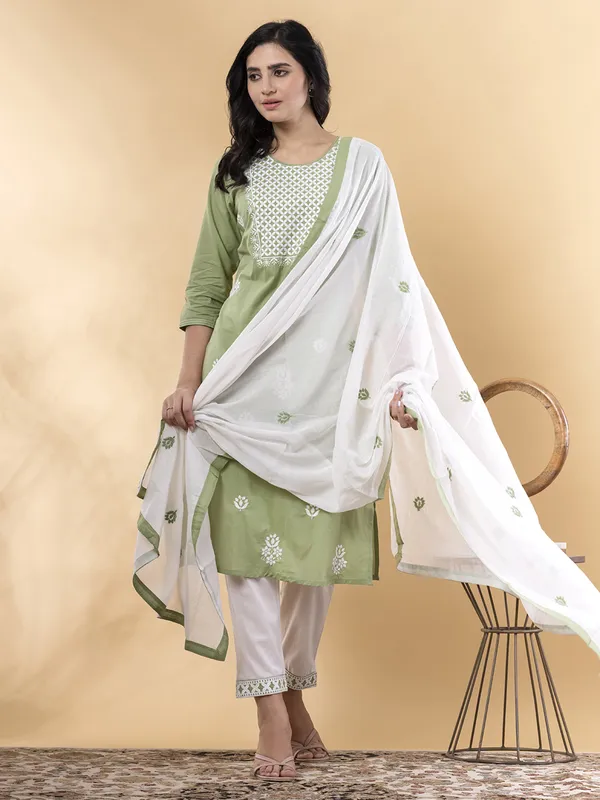 Pista green cotton kurti set for women