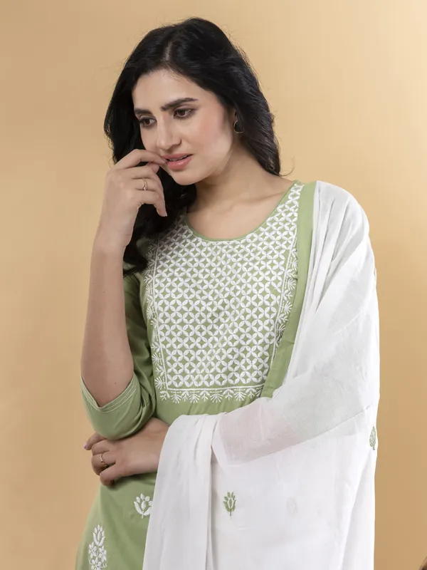 Pista green cotton kurti set for women