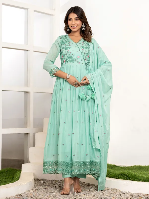 pista green cotton kurti set with dupatta