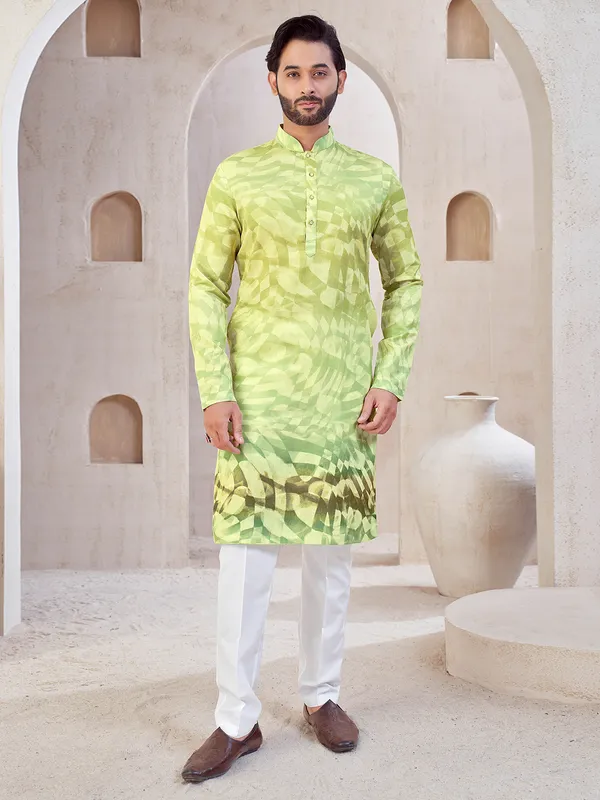 Pista green cotton printed kurta suit for mens