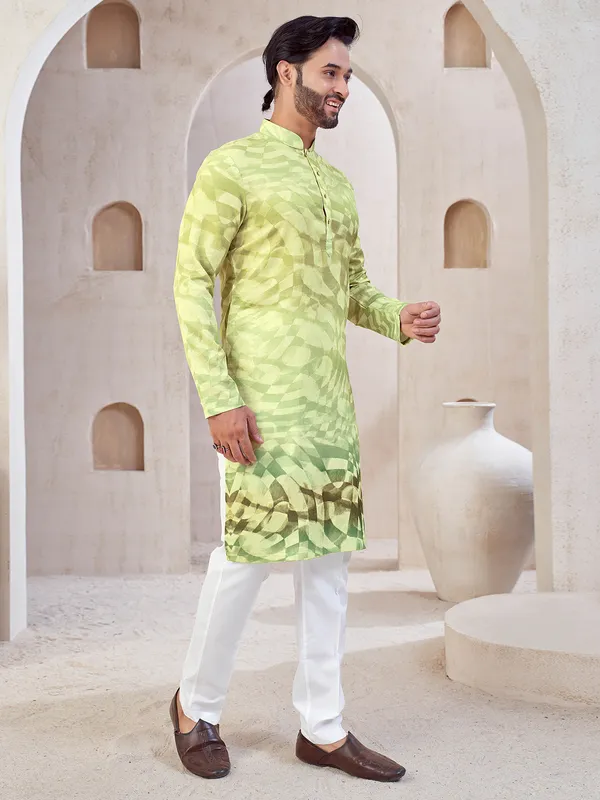 Pista green cotton printed kurta suit for mens