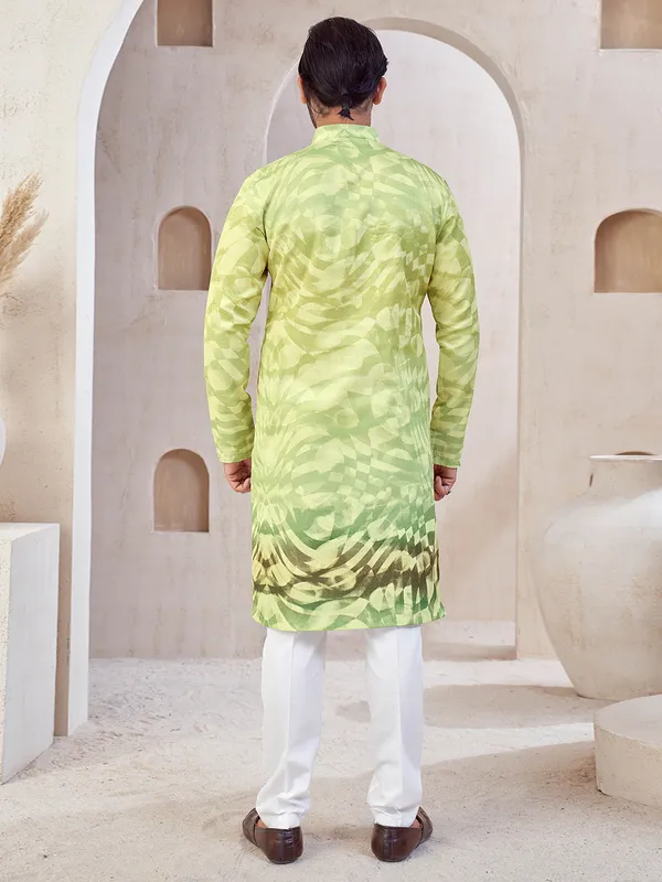 Pista green cotton printed kurta suit for mens