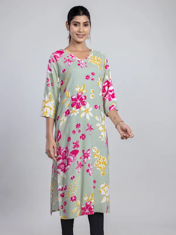 Pista green cotton printed kurti for women