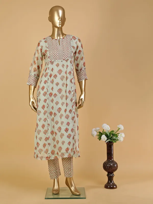 Pista green cotton printed kurti with pant