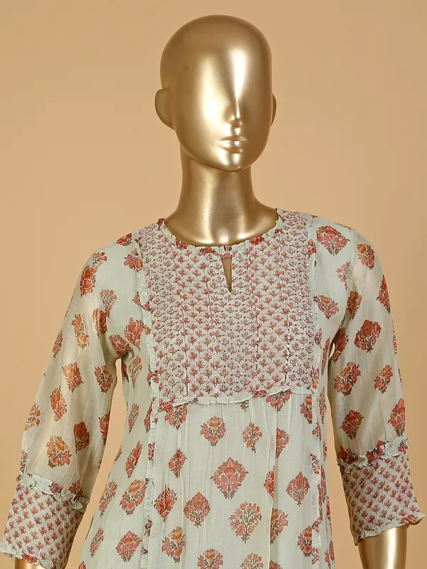 Pista green cotton printed kurti with pant