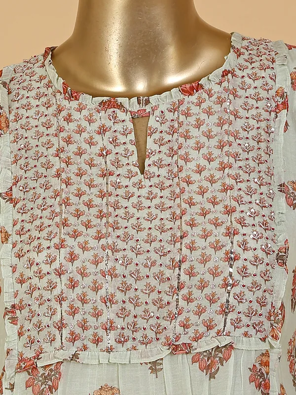 Pista green cotton printed kurti with pant