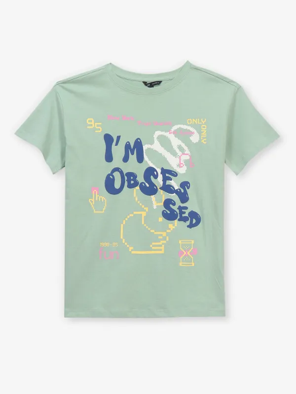 Pista green cotton printed top for women