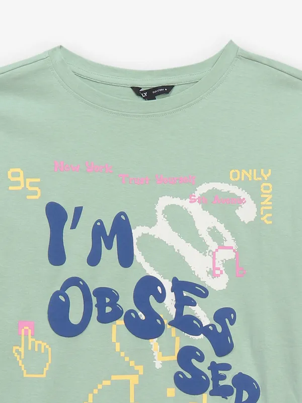 Pista green cotton printed top for women