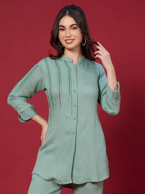 Pista green cotton silk casual co ord set