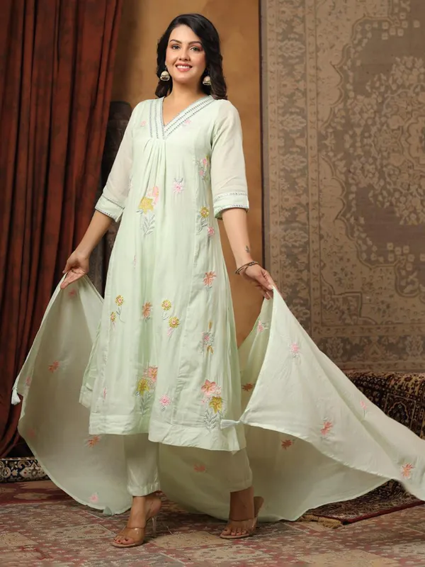 Pista green cotton silk kurti set for women