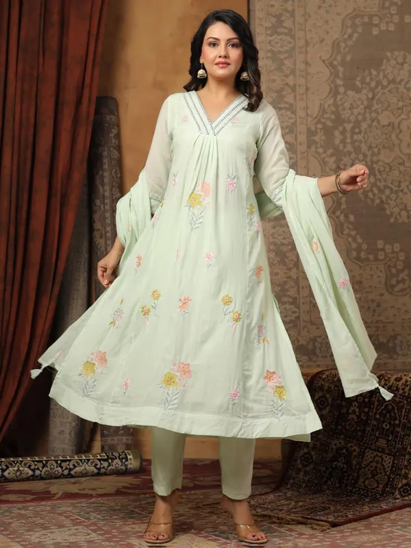 Pista green cotton silk kurti set for women