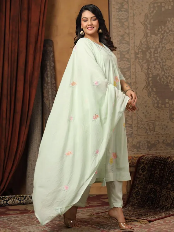 Pista green cotton silk kurti set for women