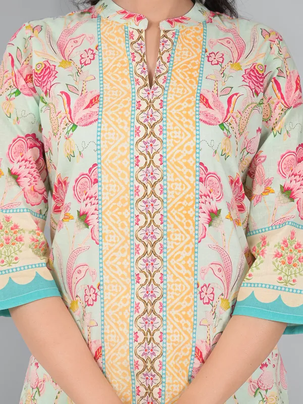 Pista green cotton silk palazzo kurti set in printed