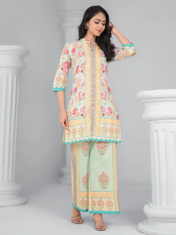 Pista green cotton silk palazzo kurti set in printed