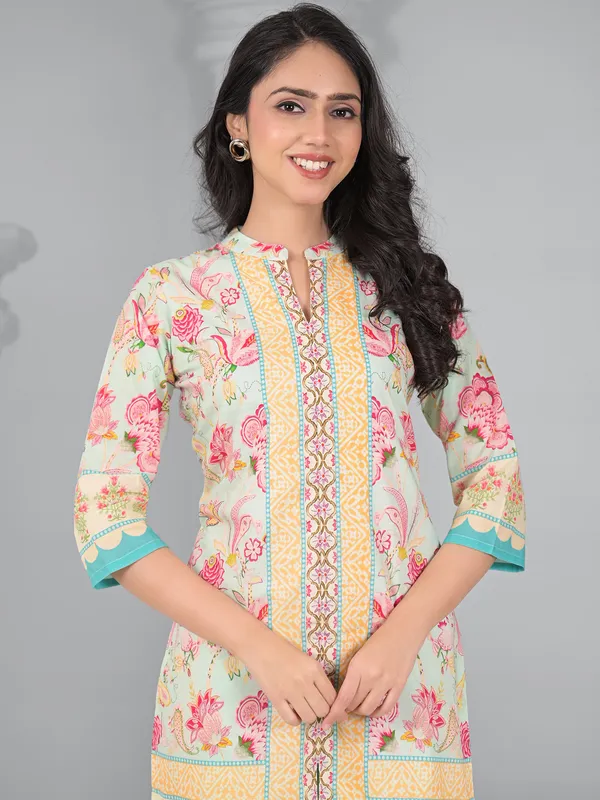 Pista green cotton silk palazzo kurti set in printed
