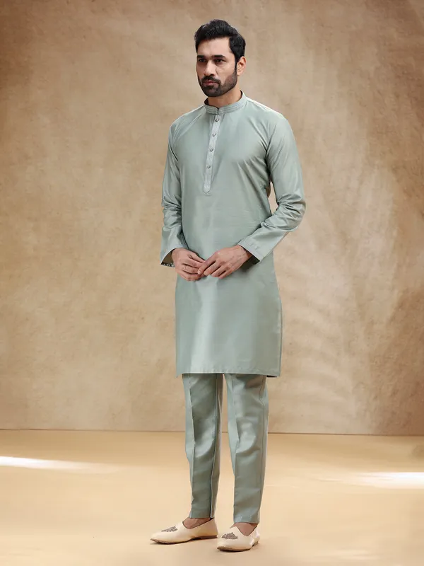 Pista green cotton silk plain kurta pajama
