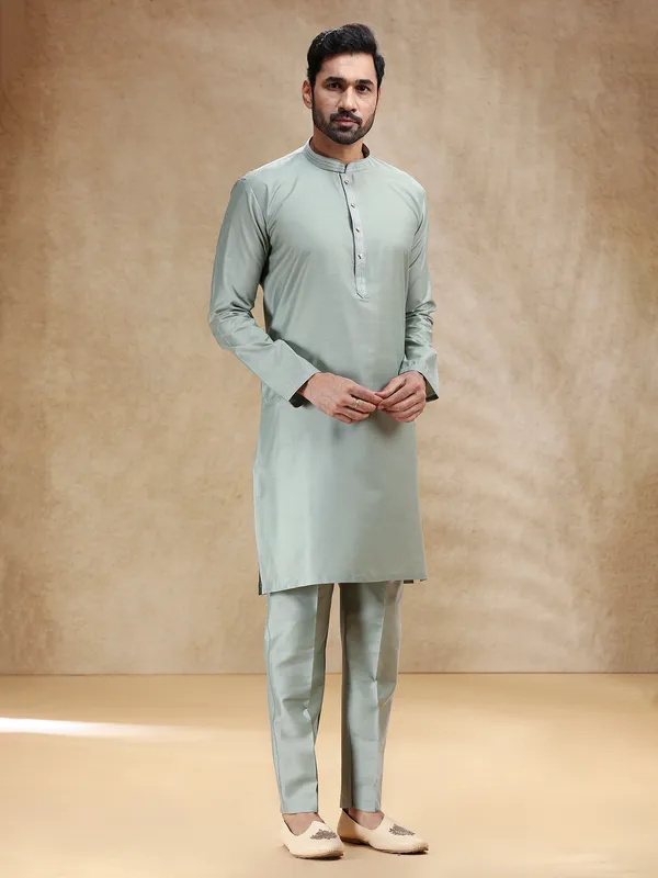 Pista green cotton silk plain kurta pajama