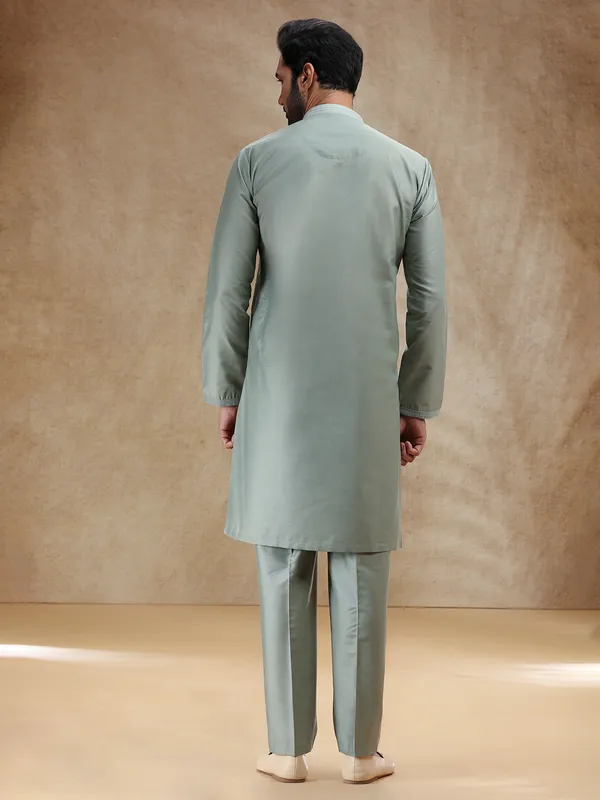 Pista green cotton silk plain kurta pajama