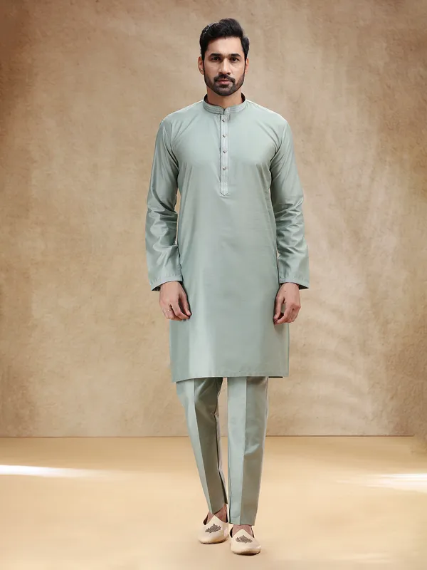 Pista green cotton silk plain kurta pajama