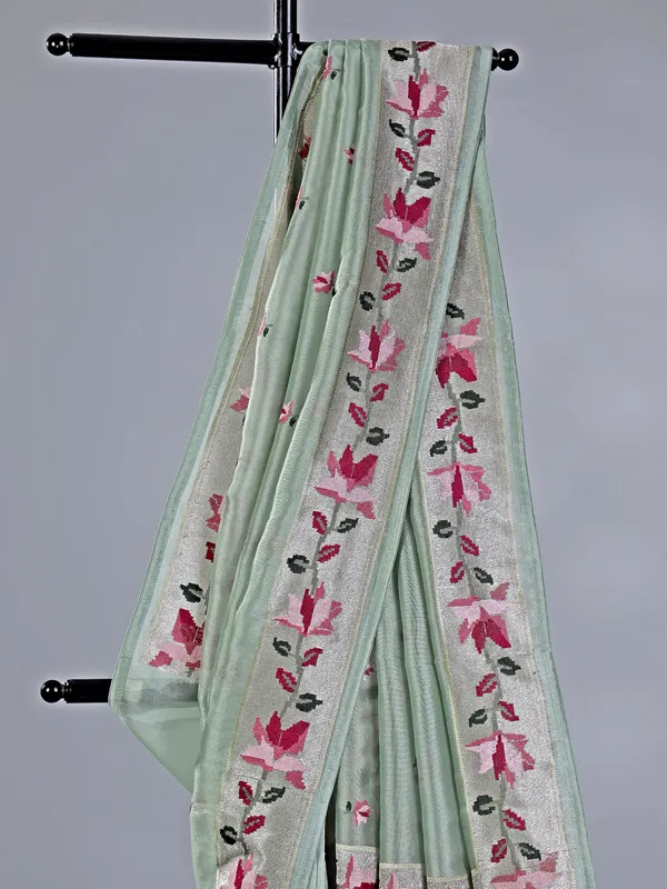 Pista green cotton silk saree with thread and zari