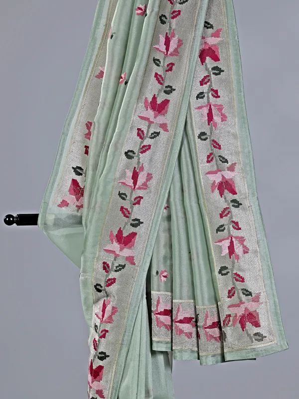 Pista green cotton silk saree with thread and zari