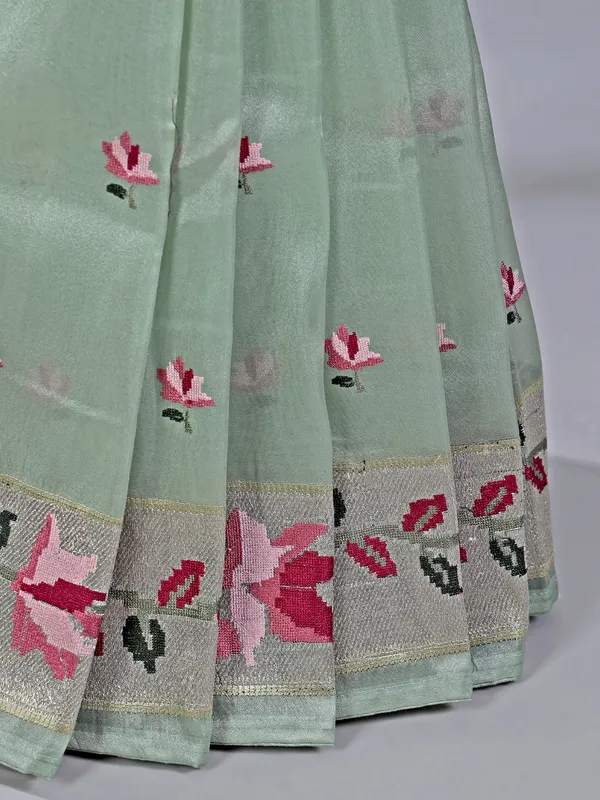Pista green cotton silk saree with thread and zari