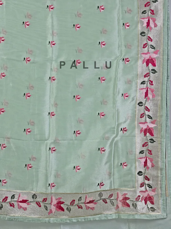 Pista green cotton silk saree with thread and zari