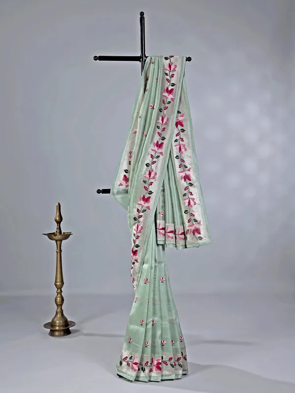 Pista green cotton silk saree with thread and zari