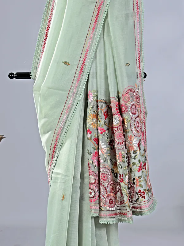 Pista green cotton silk saree with thread weaving