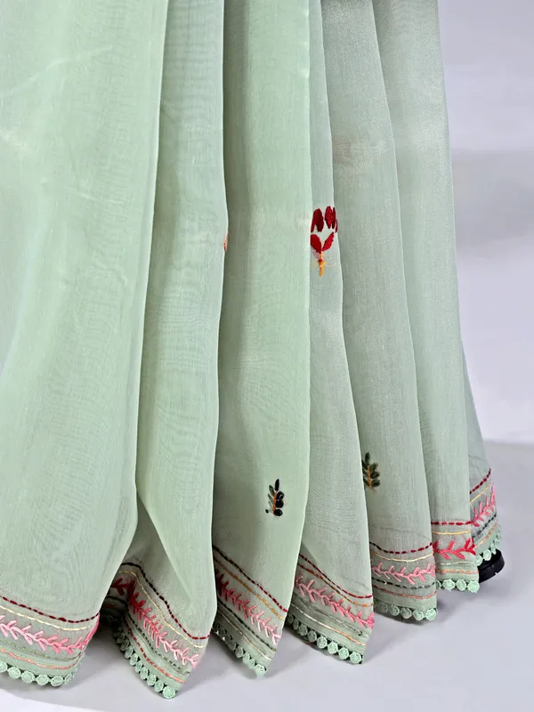 Pista green cotton silk saree with thread weaving