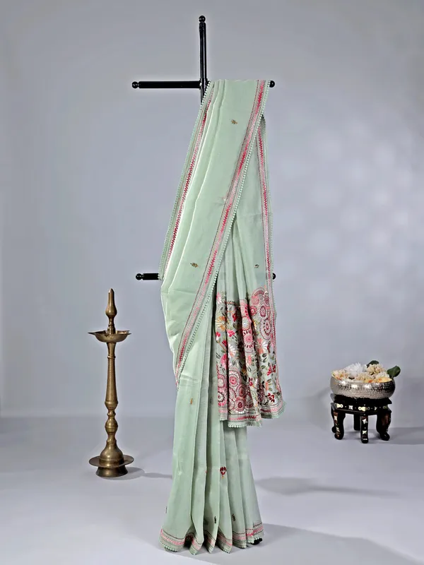 Pista green cotton silk saree with thread weaving